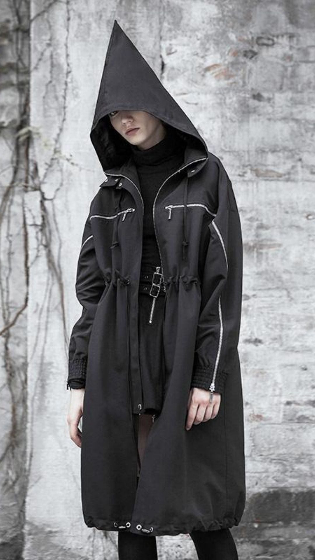 Naughty Kitten Clothing Punk Turn-down Collar Zipper Strappy Hooded Coat Front View Alternative Gothic Women's Fashion