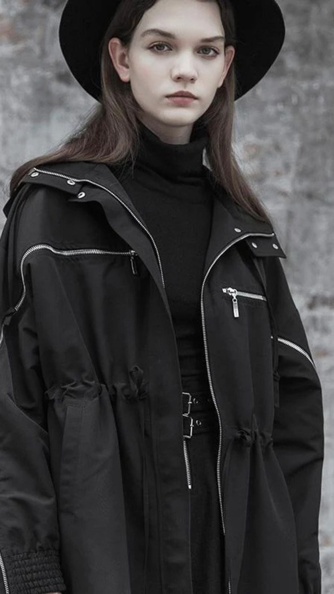 Naughty Kitten Clothing Punk Turn-down Collar Zipper Strappy Hooded Coat Front View Alternative Gothic Women's Fashion