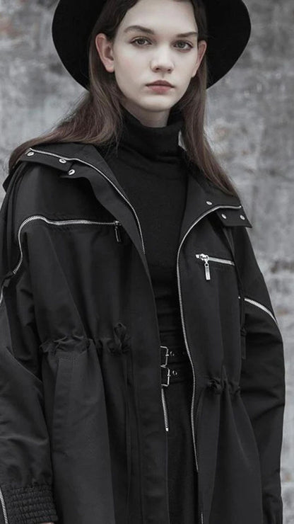Naughty Kitten Clothing Punk Turn-down Collar Zipper Strappy Hooded Coat Front View Alternative Gothic Women's Fashion