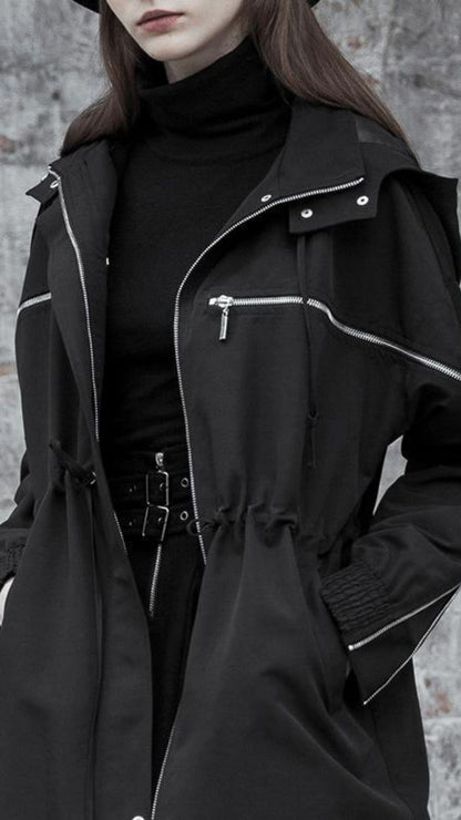 Naughty Kitten Clothing Punk Turn-down Collar Zipper Strappy Hooded Coat Front View Alternative Gothic Women's Fashion