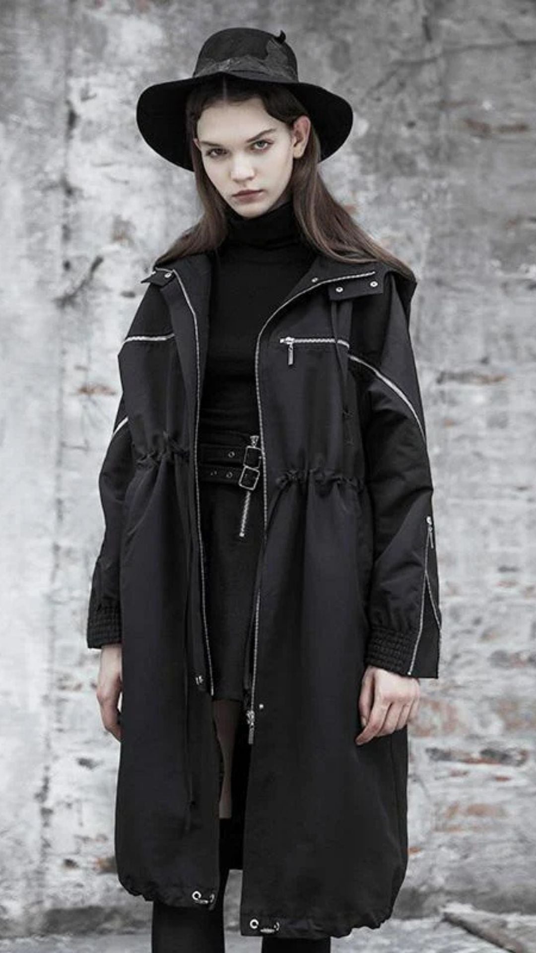 Naughty Kitten Clothing Punk Turn-down Collar Zipper Strappy Hooded Coat Front View Alternative Gothic Women's Fashion