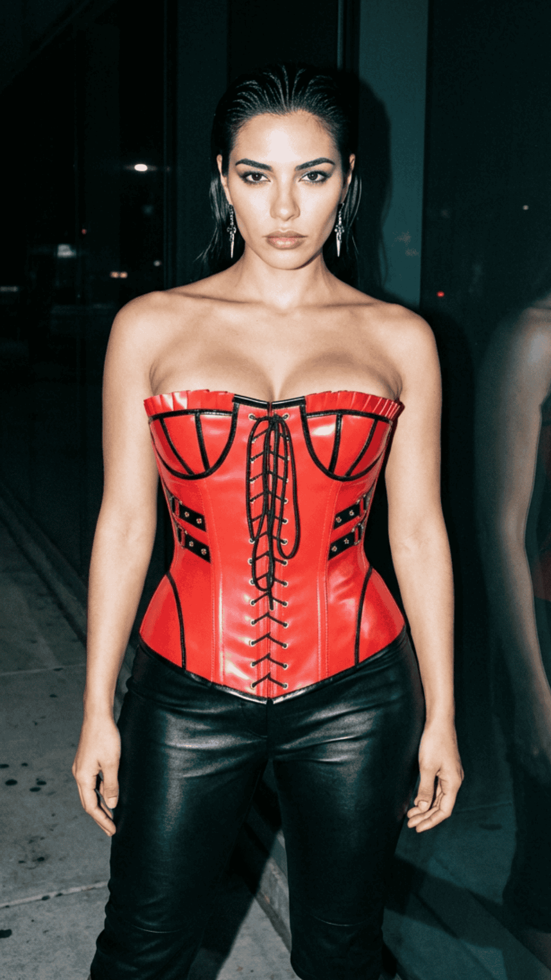 Naughty Kitten Clothing Red Temptress Over-bust Corset Front View  Model Image Waist Cincher