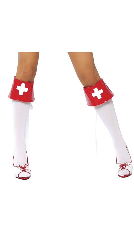 Red and White Nurse Boot Cuffs Front View Halloween Costume Accessories