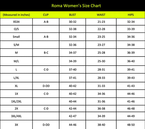 Naughty Kitten Clothing Roma Size Chart