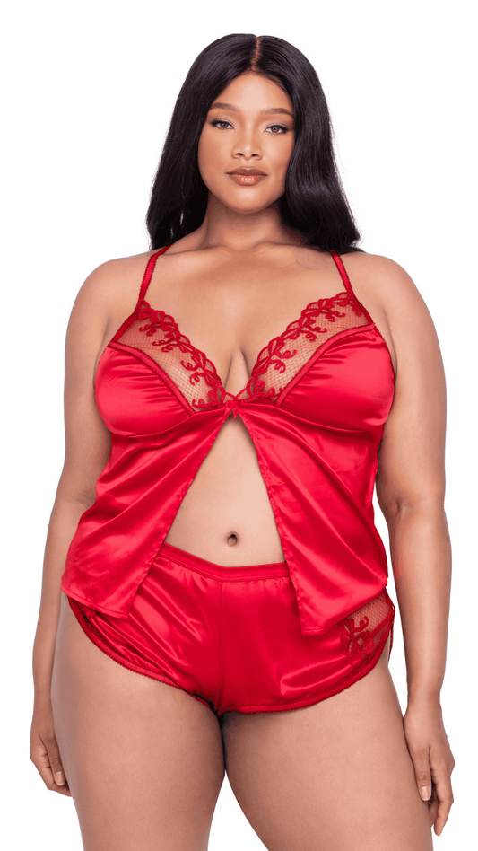Naughty Kitten Clothing Rouge Bow 2-Piece Camisole Lounge Plus Size Set Front View Plus Size Lingerie Loungewear