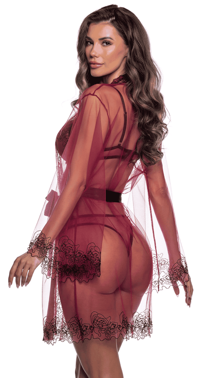 Ruby Sheer Robe – kimono-style sheer lace robe with stretch satin sash, rear view