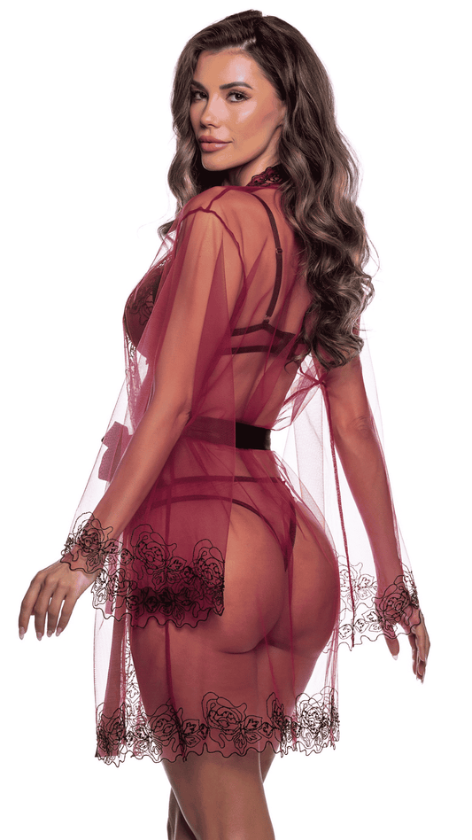 Ruby Sheer Robe – kimono-style sheer lace robe with stretch satin sash, rear view