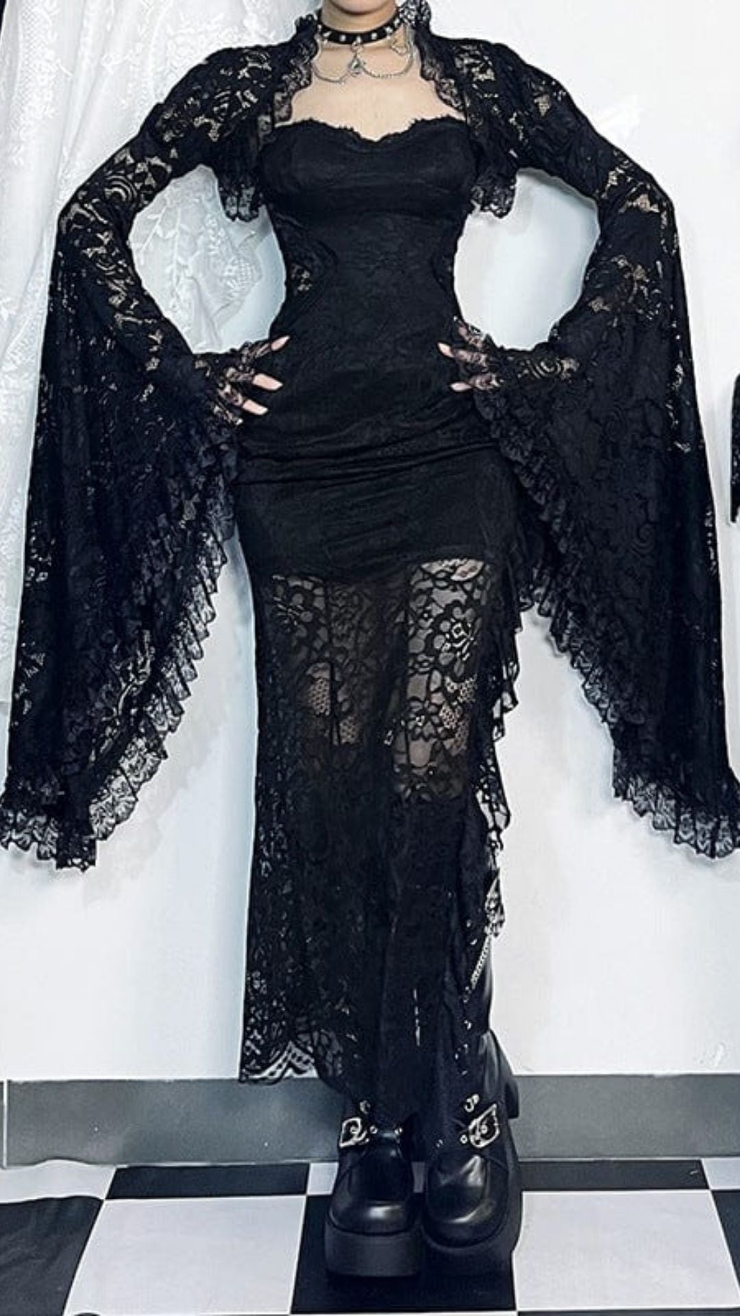 Naughty Kitten Clothing Ruffled Flared Sleeved Lace Cape Front View Alternative Gothic Women's Fashion