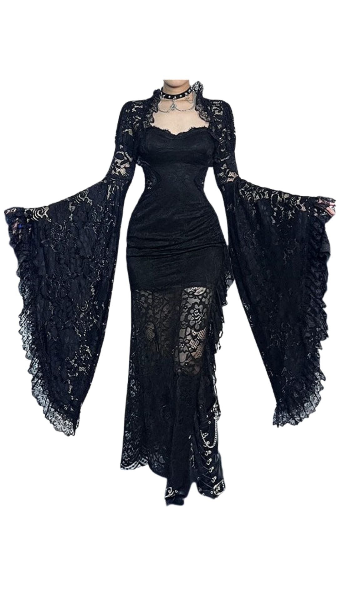 Naughty Kitten Clothing Ruffled Flared Sleeved Lace Cape Front View Alternative Gothic Women's Fashion