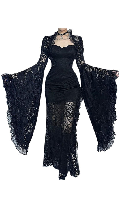 Naughty Kitten Clothing Ruffled Flared Sleeved Lace Cape Front View Alternative Gothic Women's Fashion
