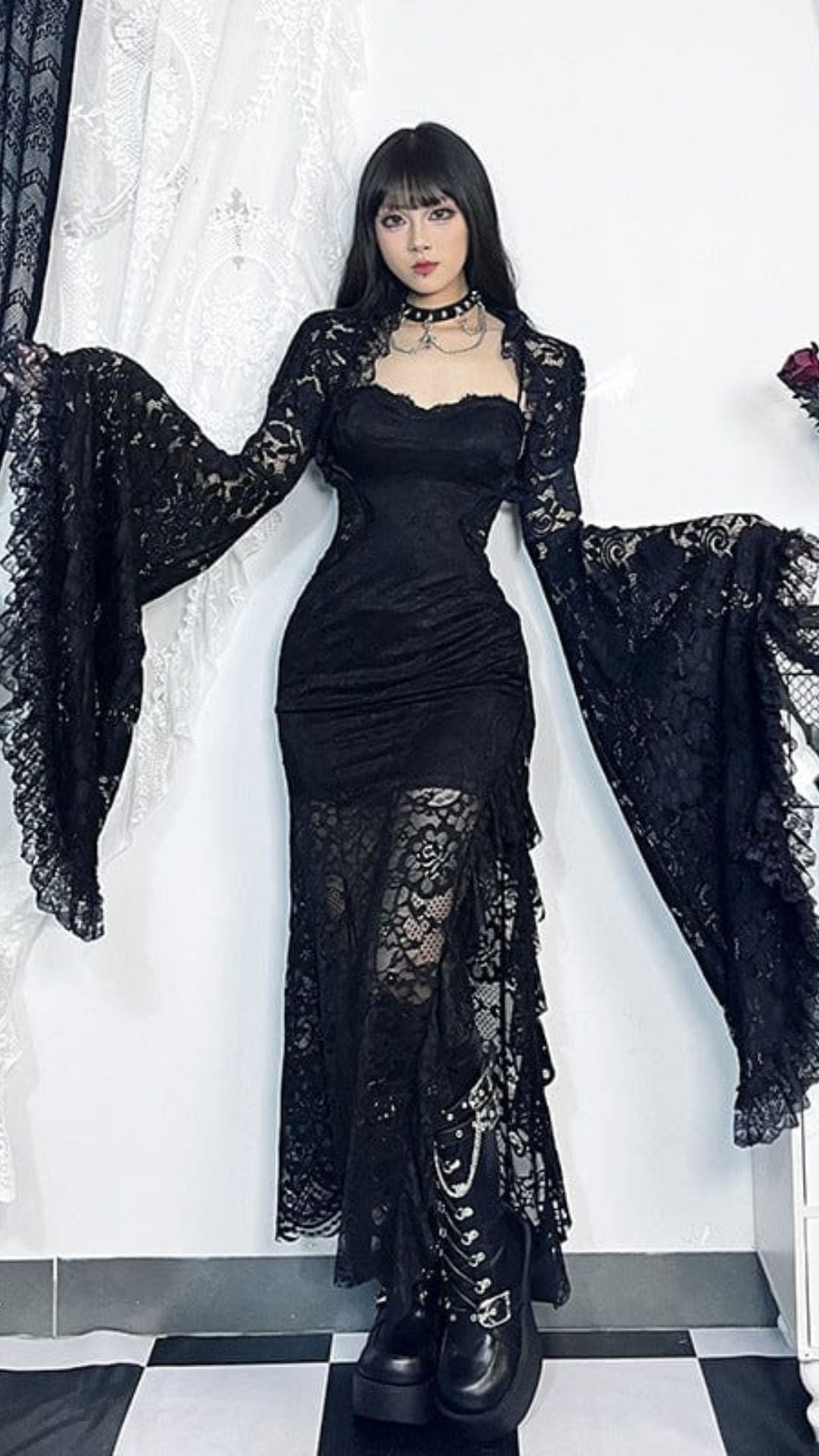 Naughty Kitten Clothing Ruffled Flared Sleeved Lace Cape Front View Alternative Gothic Women's Fashion