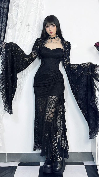 Naughty Kitten Clothing Ruffled Flared Sleeved Lace Cape Front View Alternative Gothic Women's Fashion