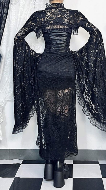 Ruffled Flared Sleeved Lace Cape