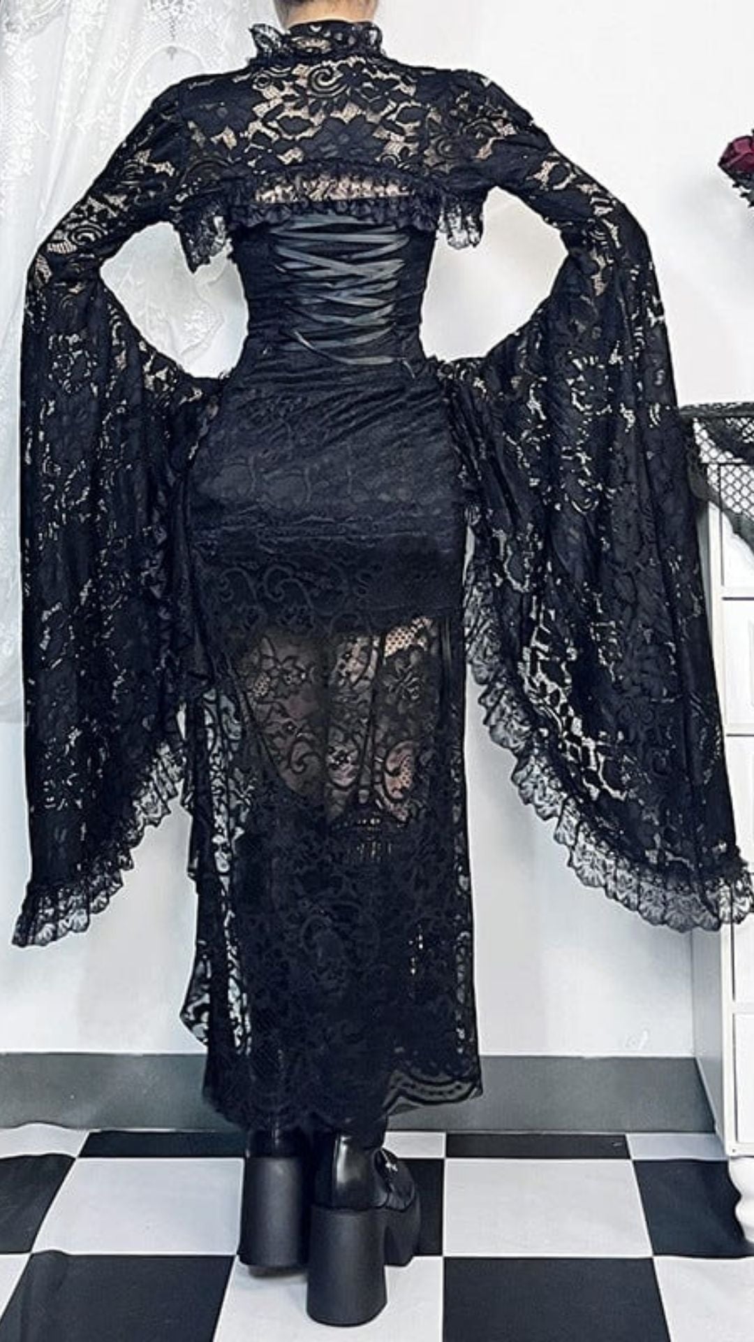 Naughty Kitten Clothing Ruffled Flared Sleeved Lace Cape Rear View Alternative Gothic Women's Fashion