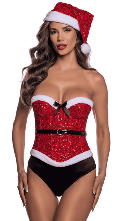 Santa Baby Corset & Hat – mini sequin mesh and faux fur Christmas bustier with underwire and matching pom-pom hat, front view