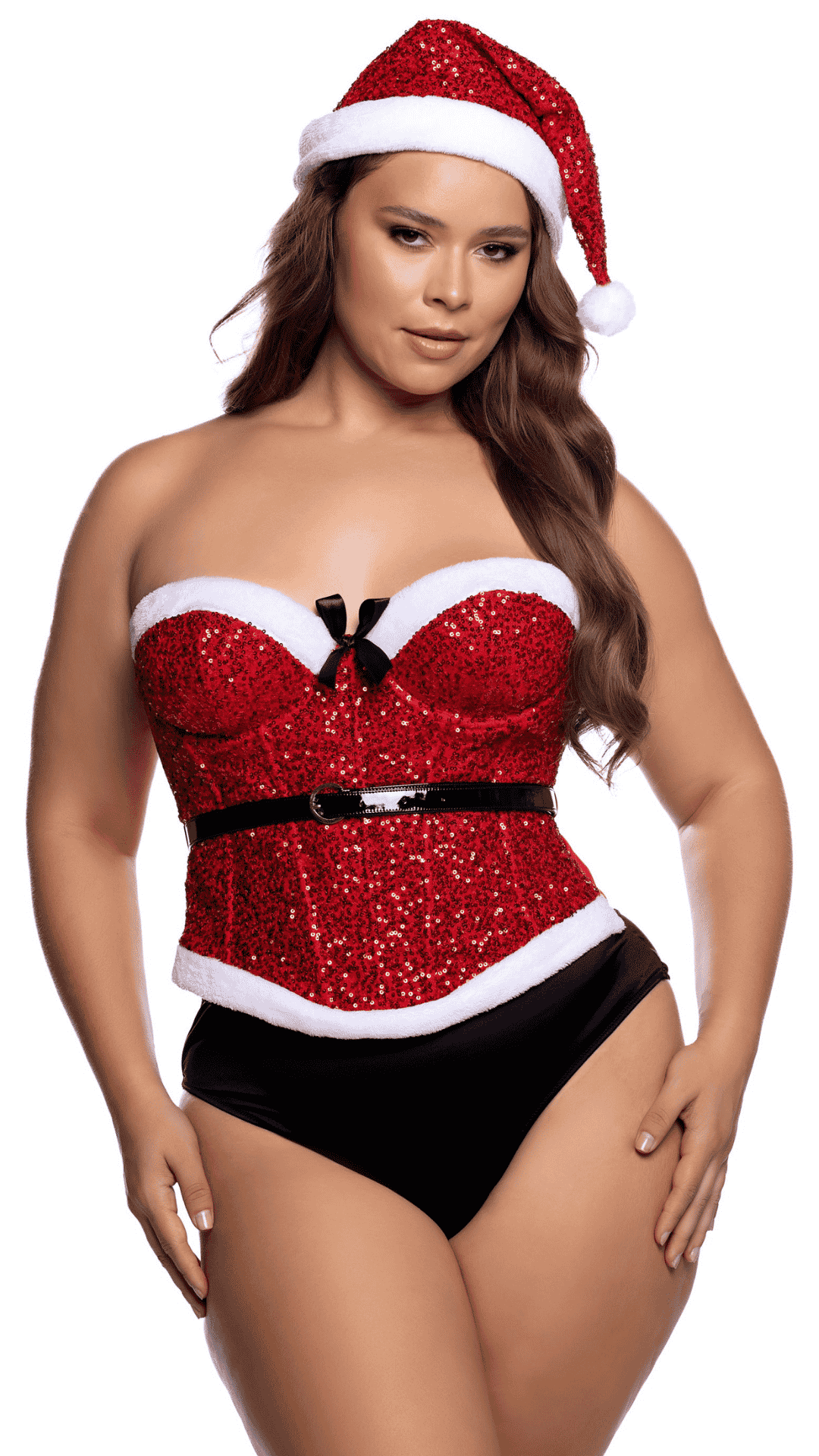 Santa Baby Corset & Hat – festive sequin and faux fur lingerie set, plus size front view