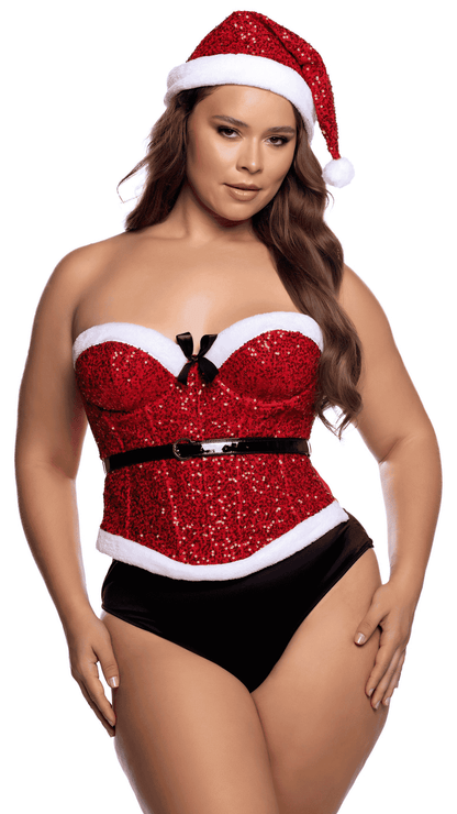 Santa Baby Corset & Hat – festive sequin and faux fur lingerie set, plus size front view