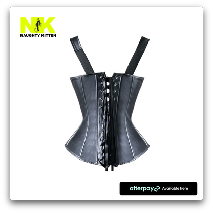 Ebony Faux Leather Corset Top Back Rear View - Naughty Kitten Clothing