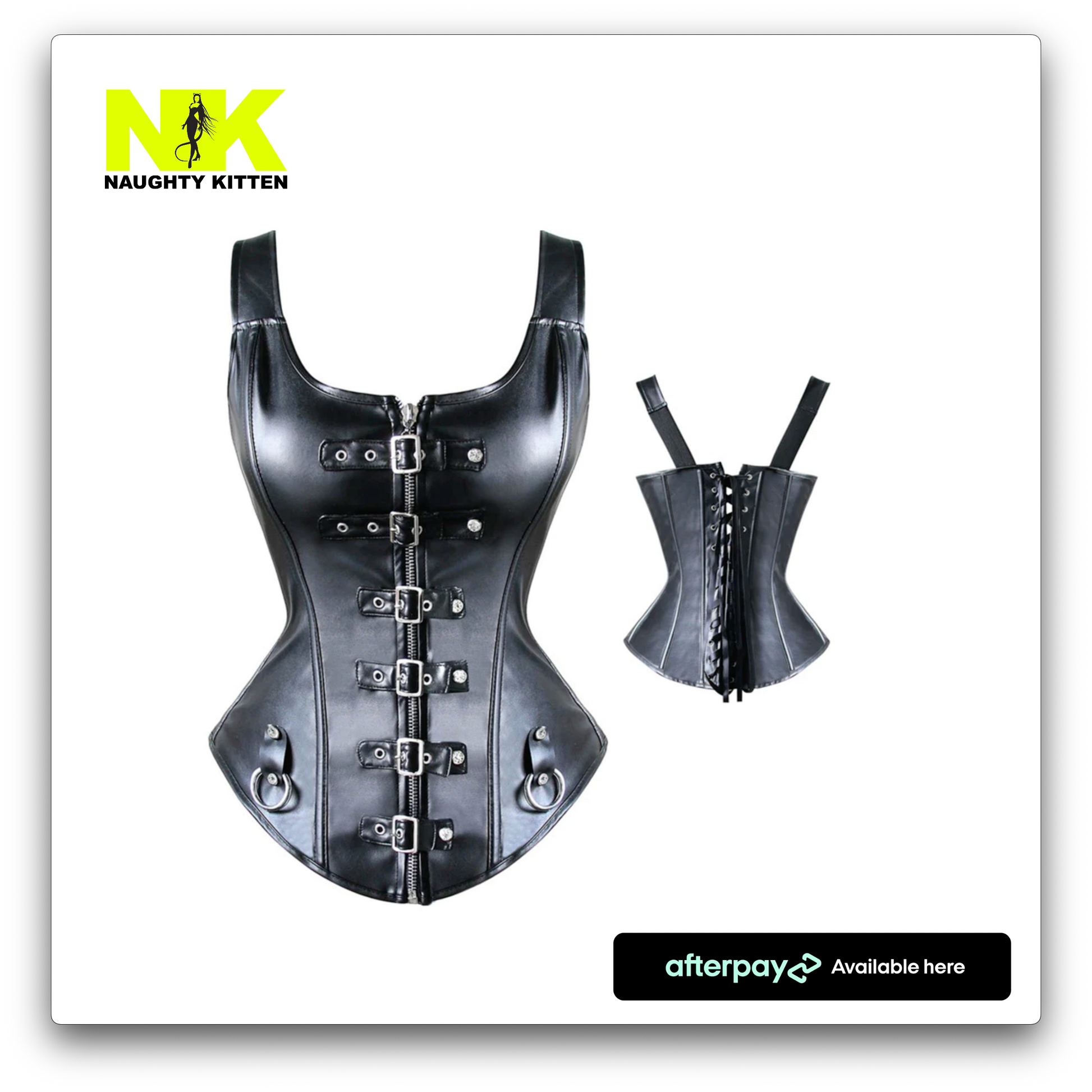 Ebony Faux Leather Corset Top Front View - Naughty Kitten Clothing