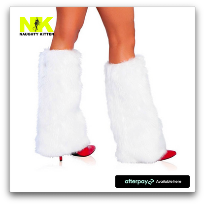 Naughty Kitten Clothing Fur Boot Covers - White/Black/Red Front View Christmas Costume Accessories