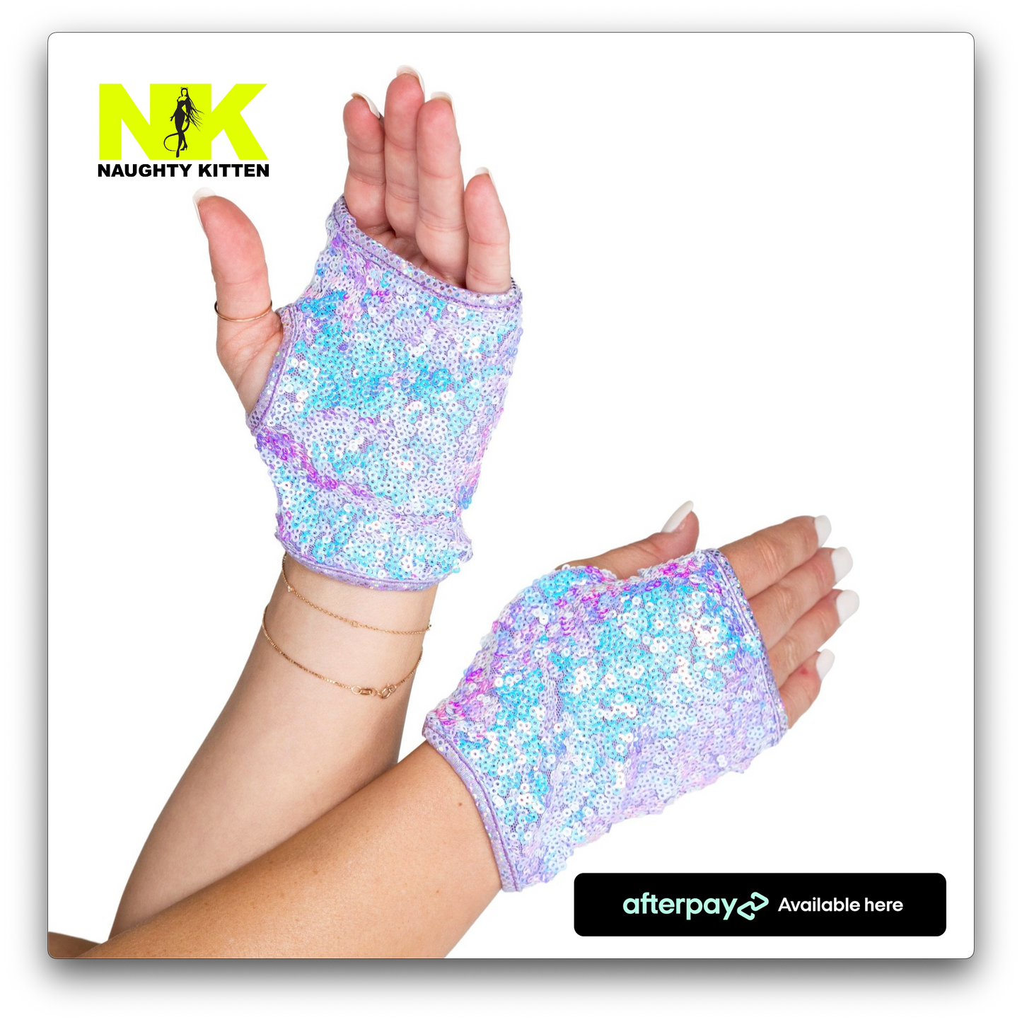 Naughty Kitten Open Finger Sequin Gloves Lavender front View