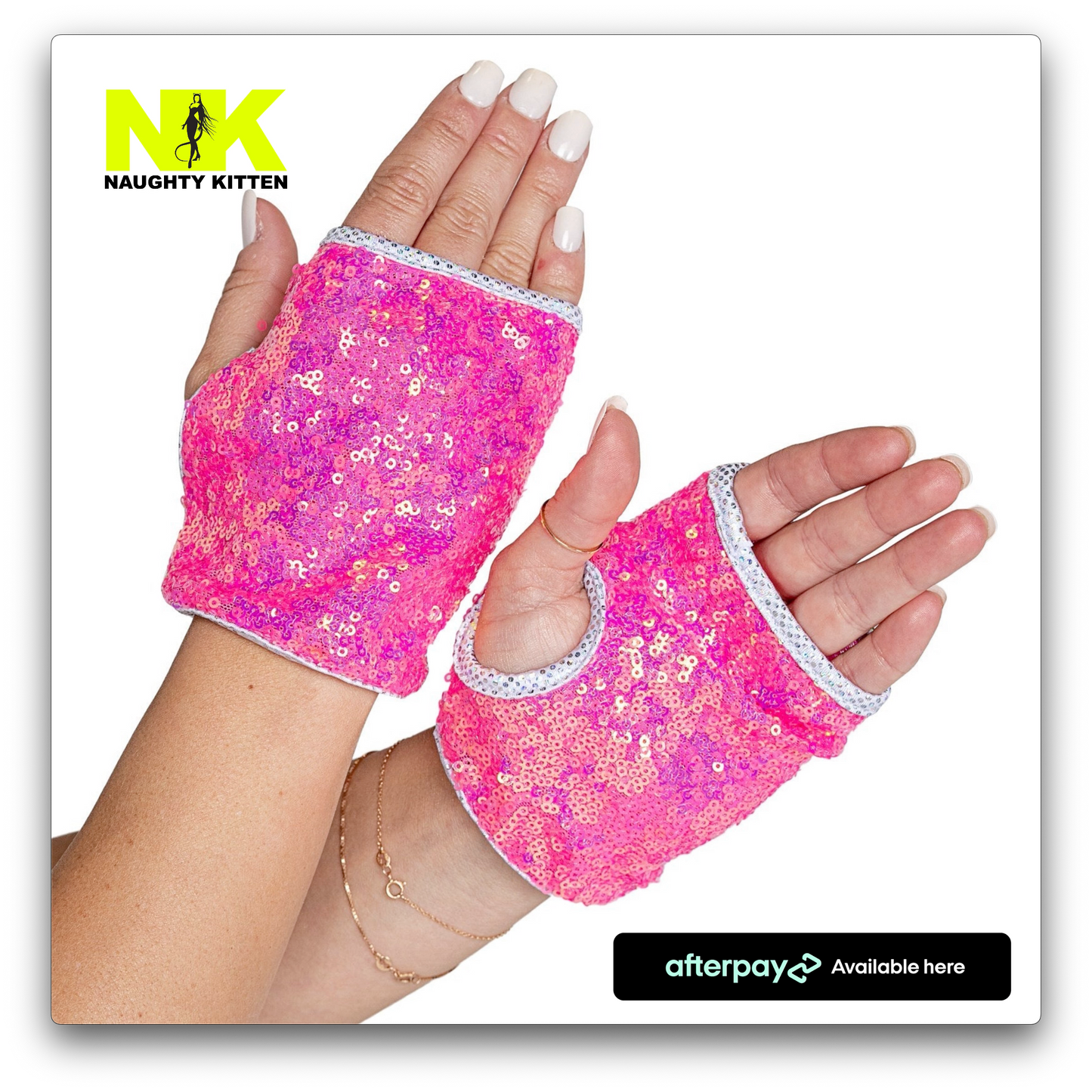 Naughty Kitten Open Finger Sequin Gloves Hot Pink front View