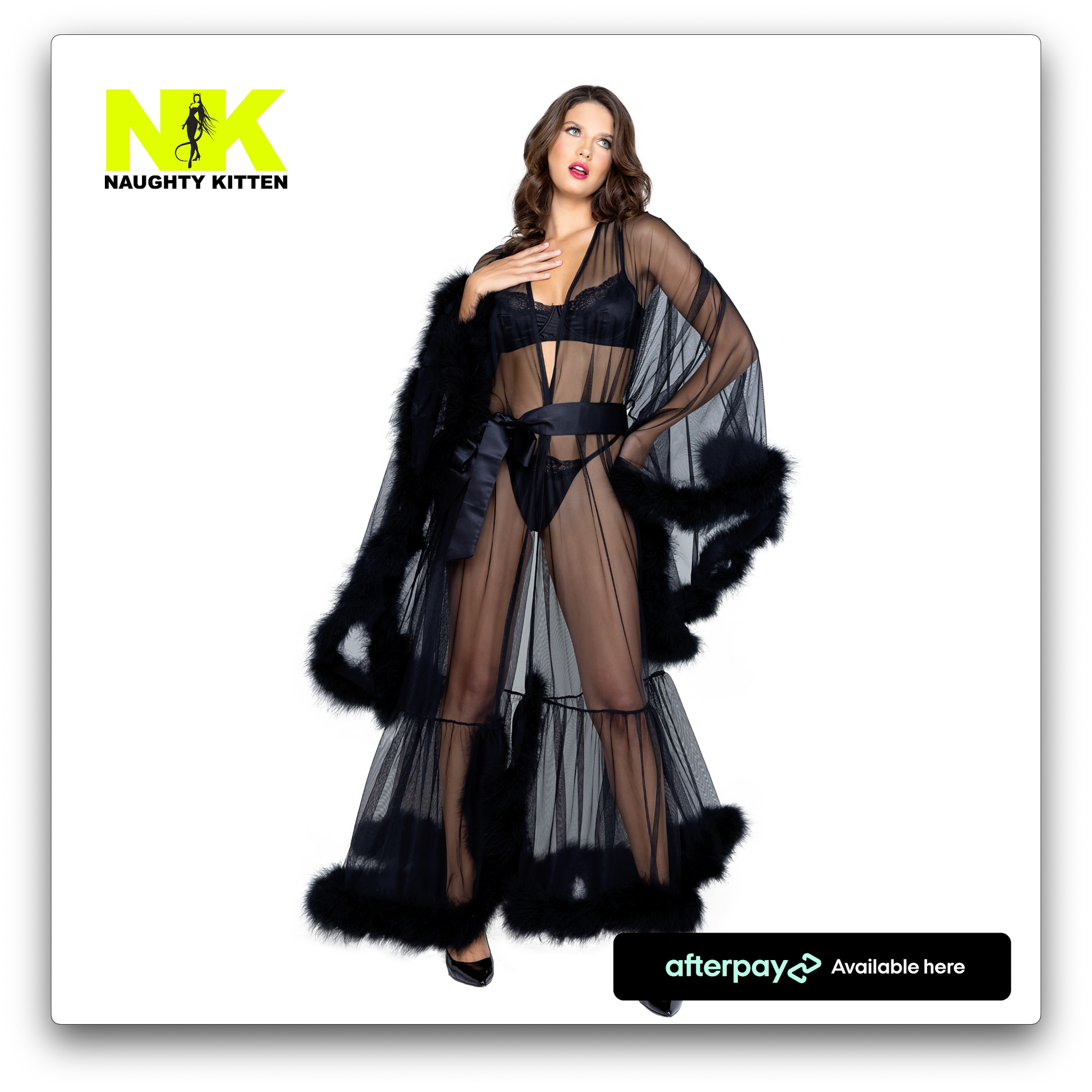 Naughty Kitten Hollywood Glam Luxury Robe Black Front View