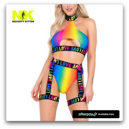Naughty Kitten Rainbow High-Waisted Shorts Front View Close Up rave Wear