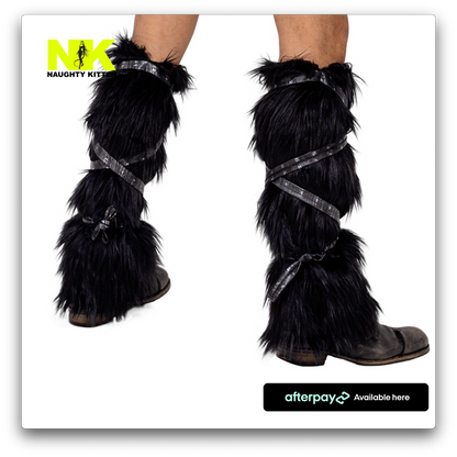 Naughty Kitten Clothing Pair of Black Faux Fur Leg Warmers Rear View Halloween Costume Accessories