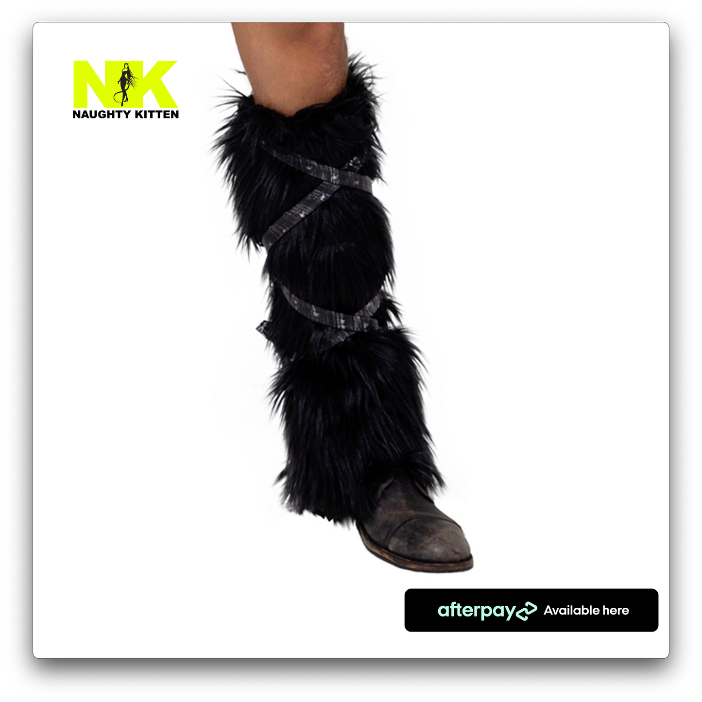 Naughty Kitten Clothing Pair of Black Faux Fur Leg Warmers Front View Halloween Costume Accessories
