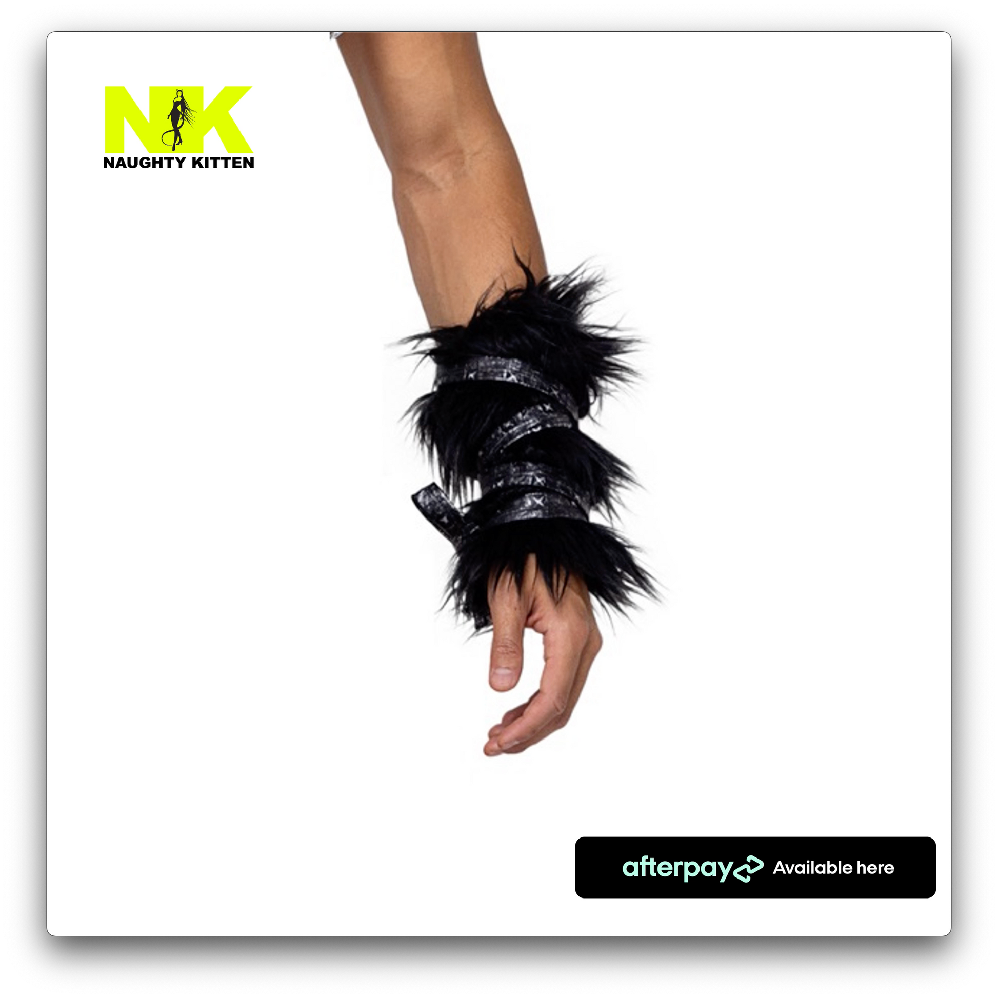 Naughty Kitten Clothing Pair of Black Faux Fur Cuffs Front View Black Halloween costume accessories