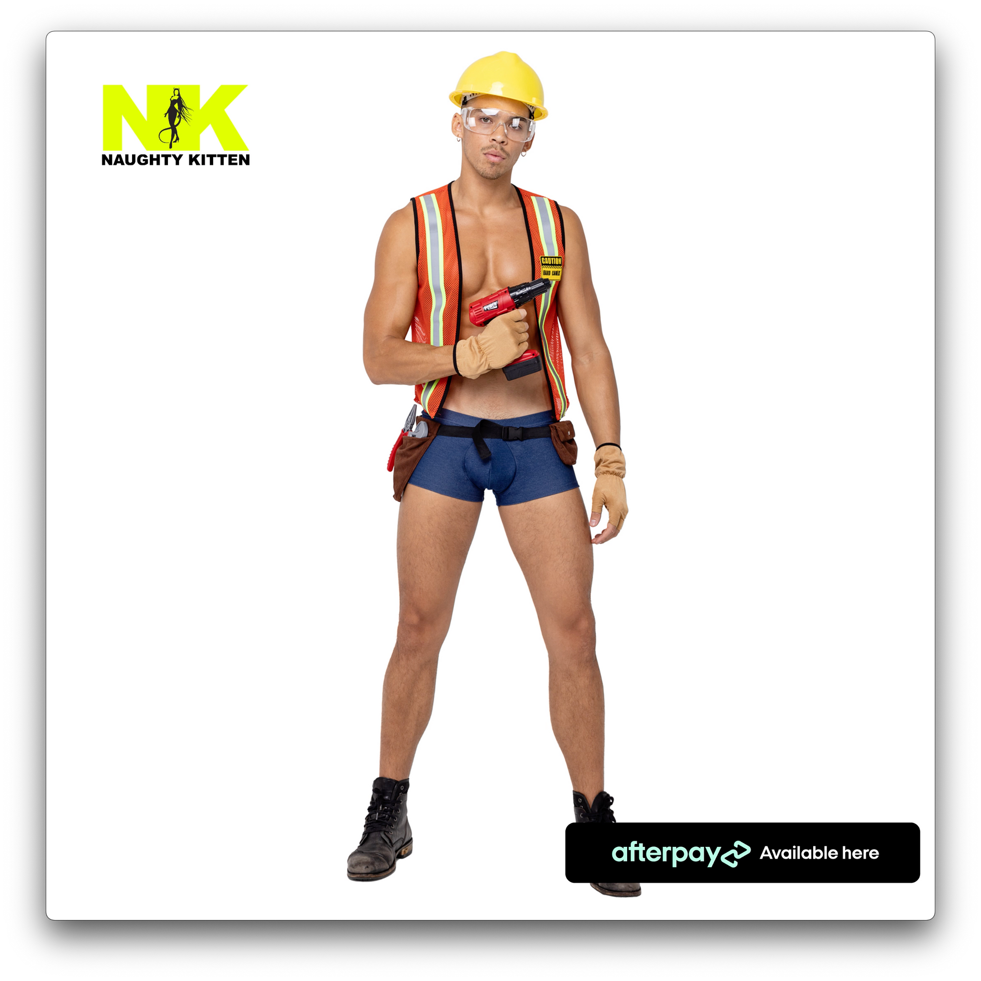 Naughty Kitten CLothing Mens Construction Hard-Worker Costume Front View Halloween Couples Costume