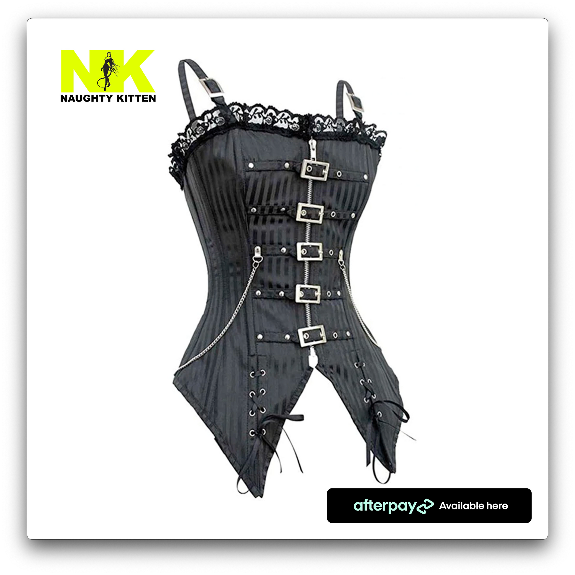 Abigail Buckle & Chain Corset Side View Black - Naughty Kitten Clothing
