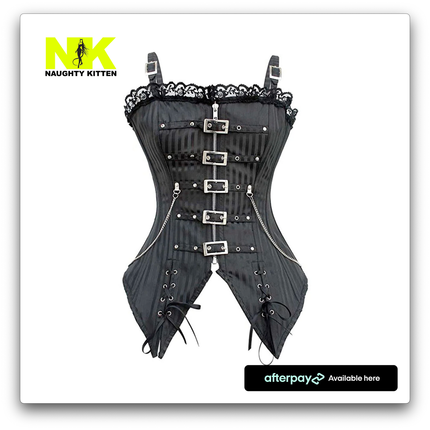 Abigail Buckle & Chain Corset Front View Black - Naughty Kitten Clothing