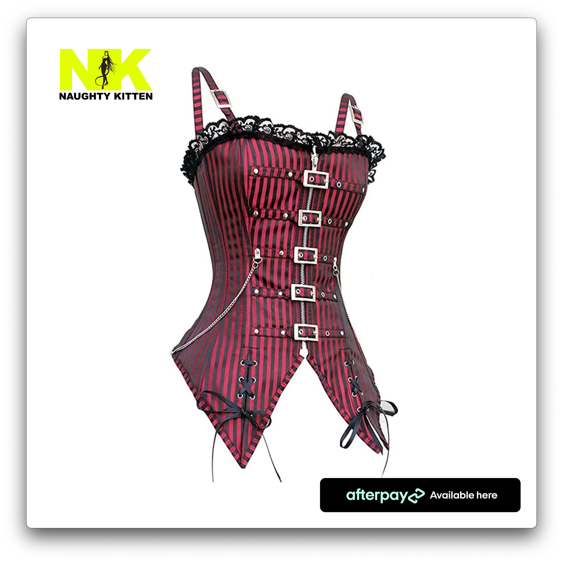 Abigail Buckle & Chain Corset Side View Burgundy - Naughty Kitten Clothing