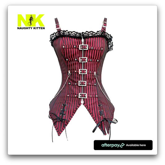 Abigail Buckle & Chain Corset Front View Burgundy - Naughty Kitten Clothing