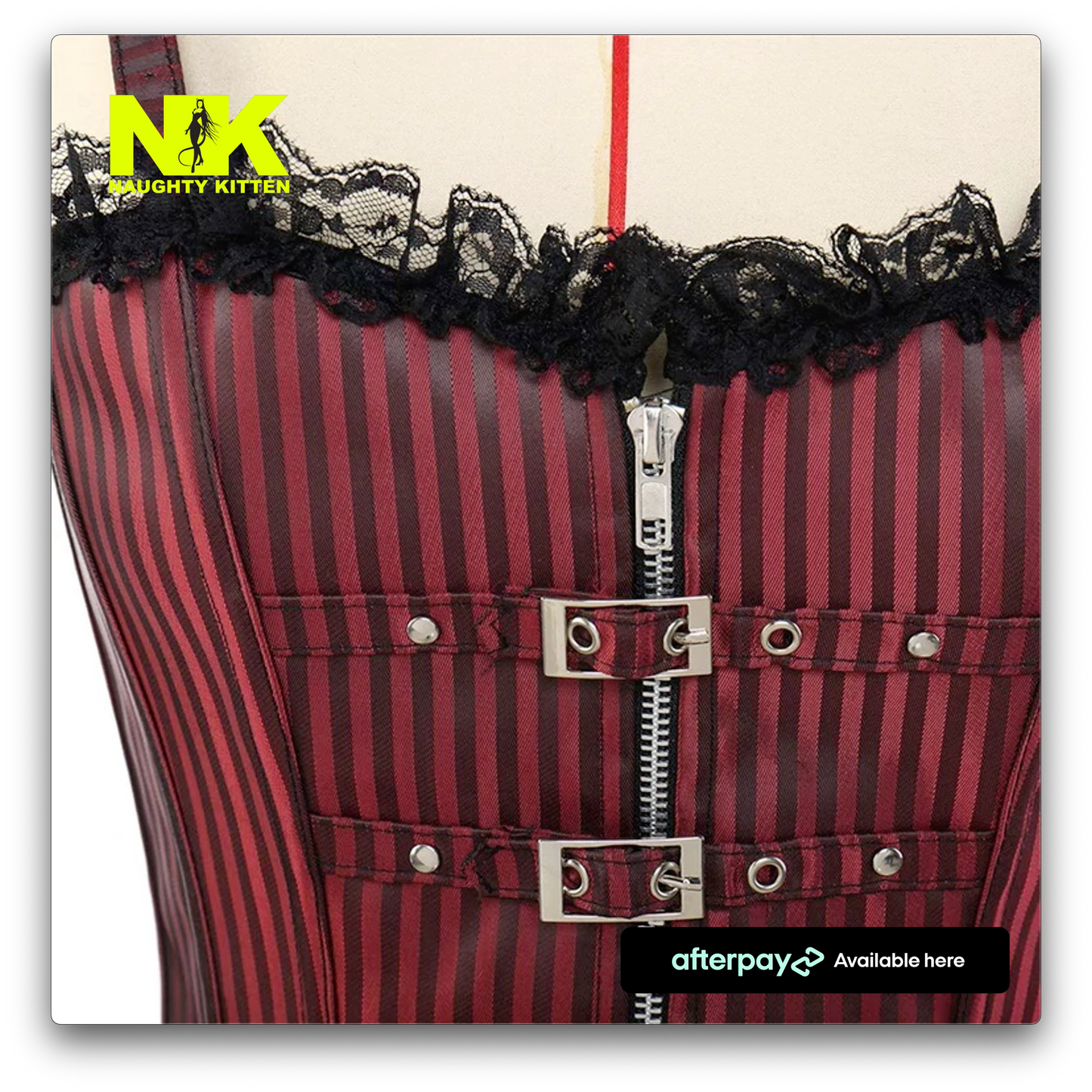 Abigail Buckle & Chain Corset Close Up View Burgundy - Naughty Kitten Clothing