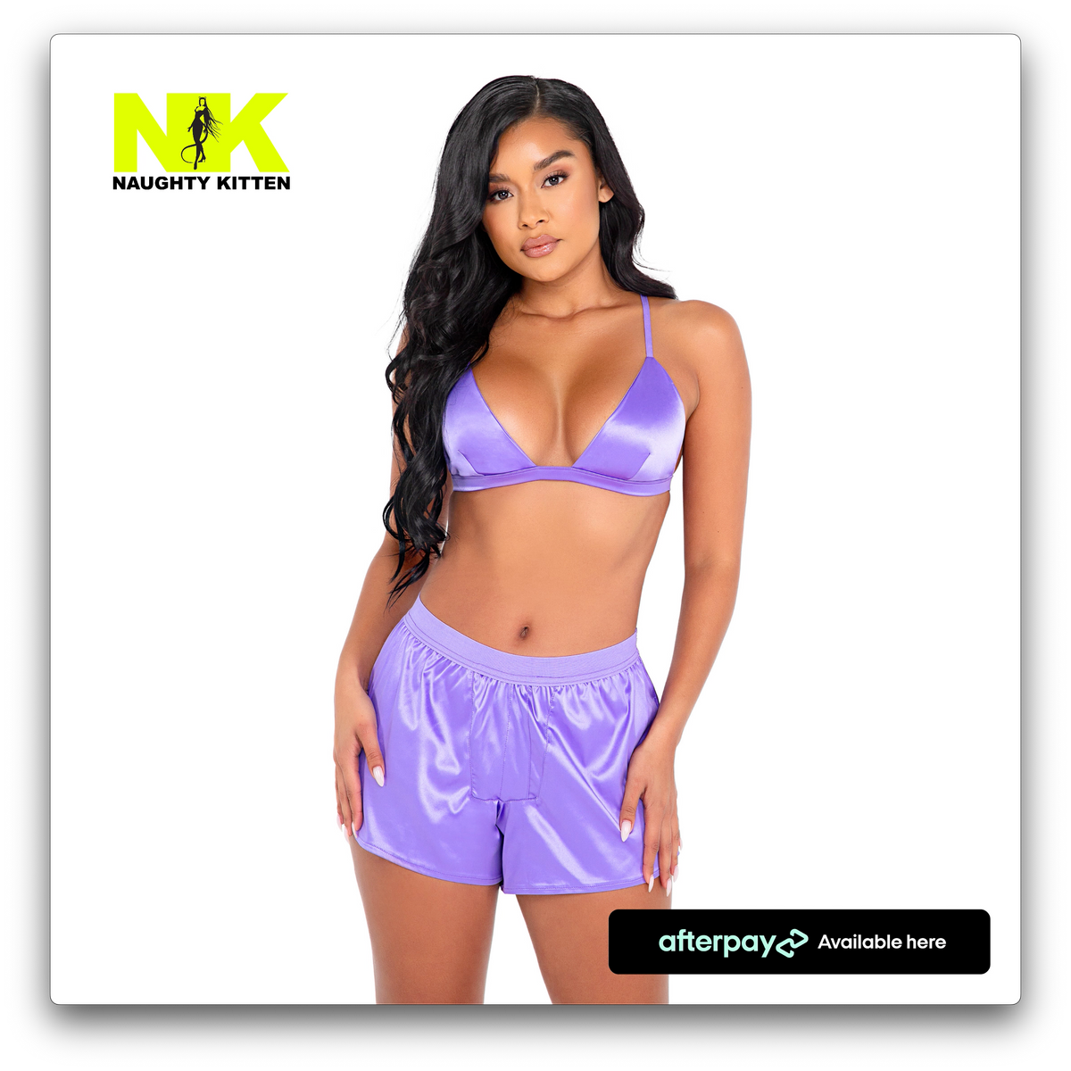 Naughty Kitten Clothing Stretch Satin Lounge Set Baby Lavender Purple Front View Loungewear Lingerie