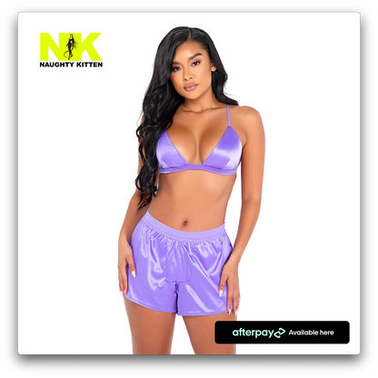 Naughty Kitten Clothing Stretch Satin Lounge Set Baby Lavender Purple Front View Loungewear Lingerie