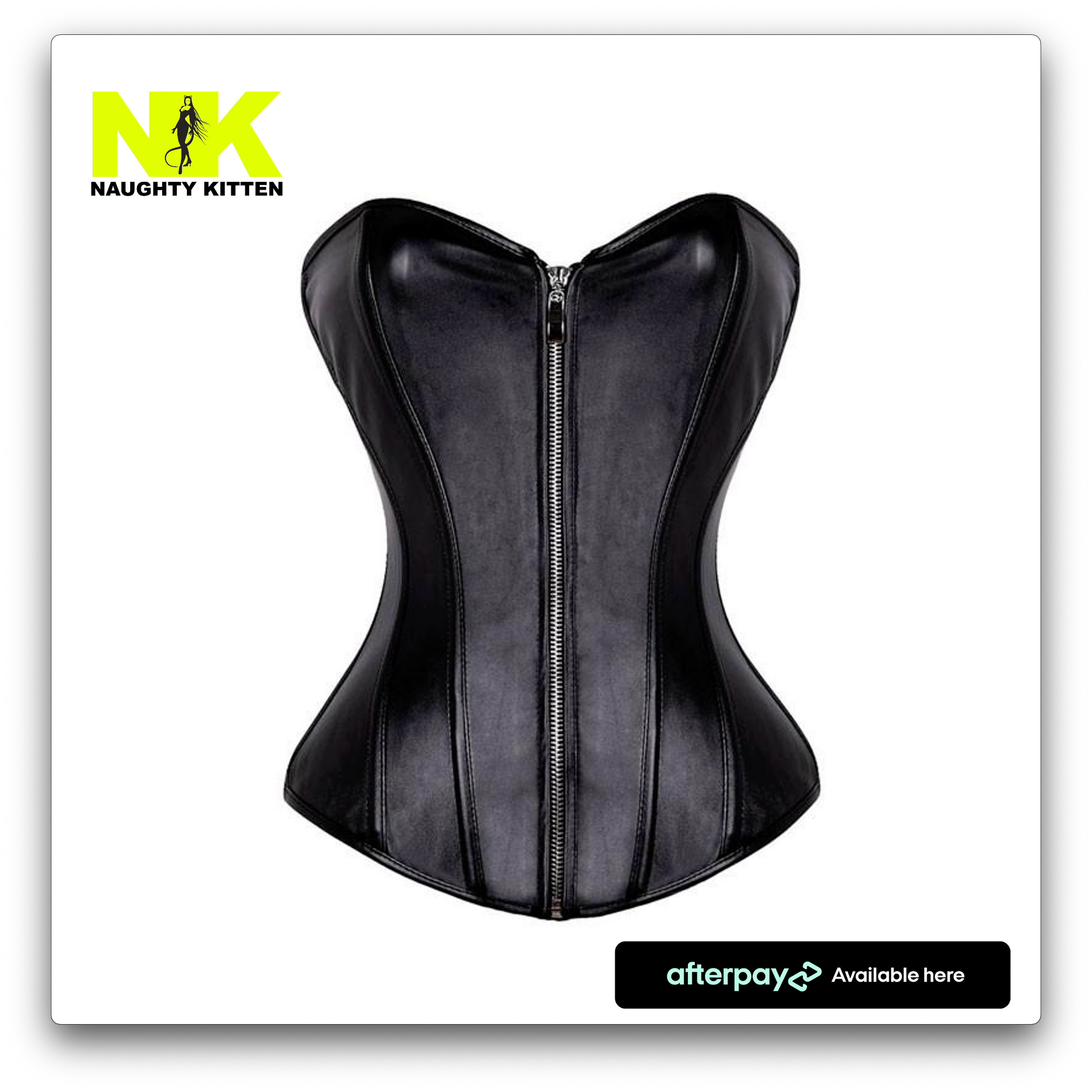 Naughty Kitten Clothing Amber Zipper Front Vegan Leather Corset Front View Black 