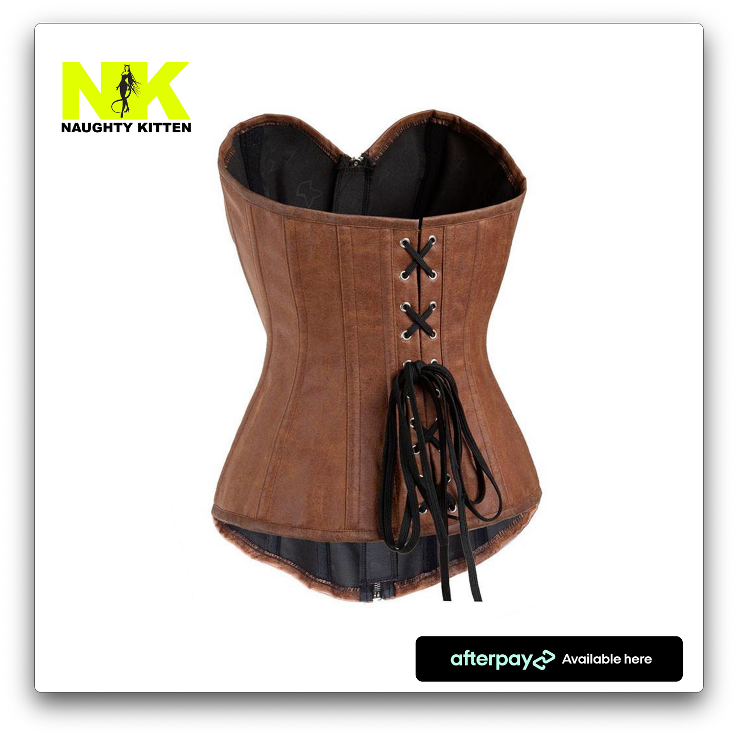 Naughty Kitten Clothing Amber Zipper Front Vegan Leather Corset Rear Back View Brown