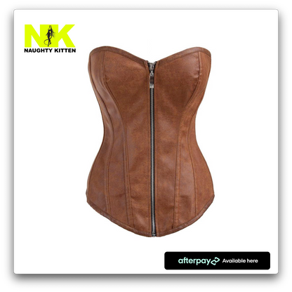 Naughty Kitten Clothing Amber Zipper Front Vegan Leather Corset Front View Brown