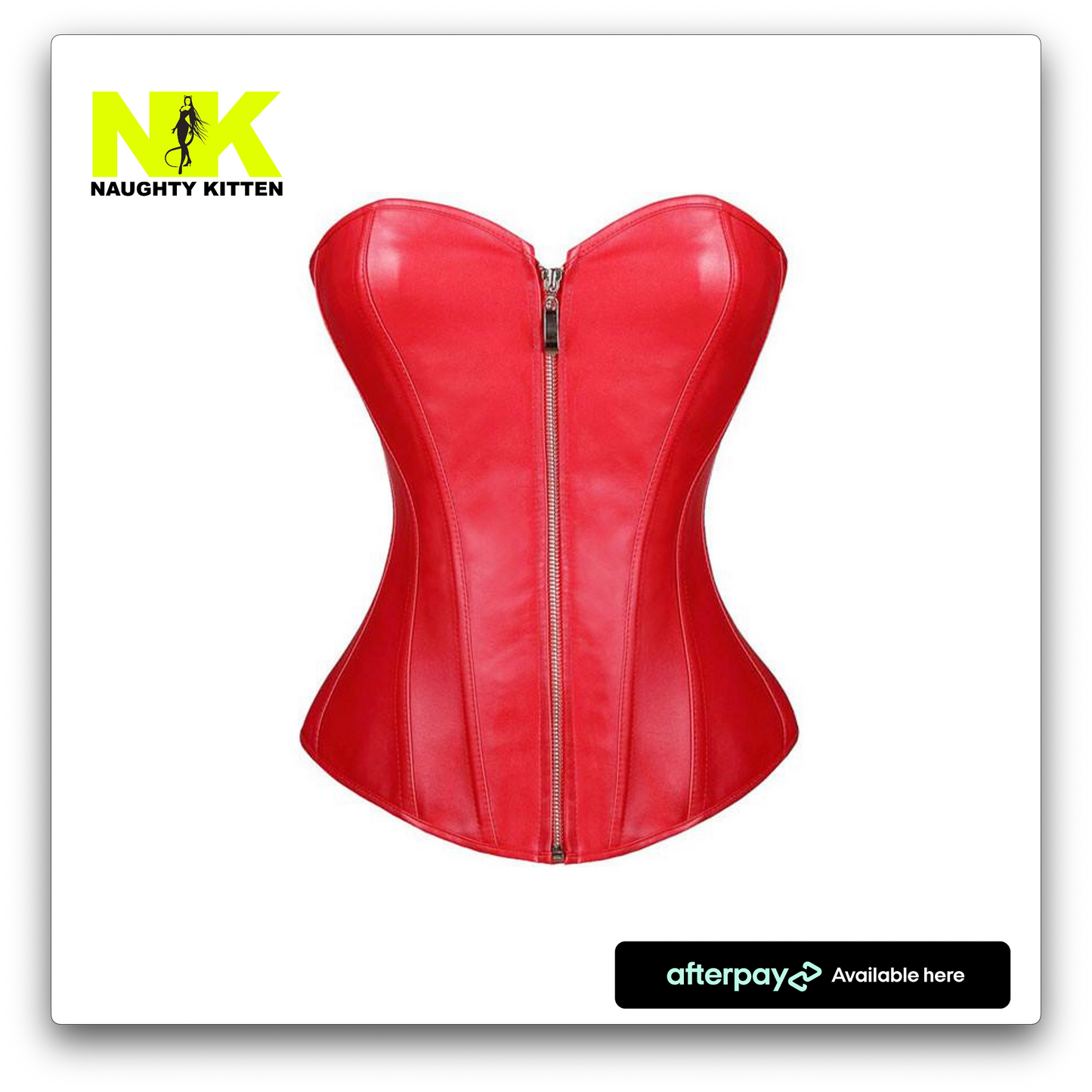 Naughty Kitten Clothing Amber Zipper Front Vegan Leather Corset Front View Red