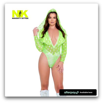 Naughty Kitten Clothing Two-Tone Hooded Star Romper Neon Green Front View Rave Wear