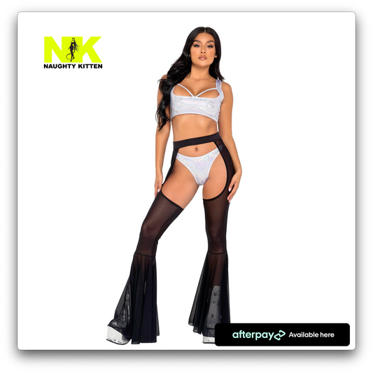 Naughty Kitten Clothing Mesh Bell Bottoms Chaps Front View Rave Wear