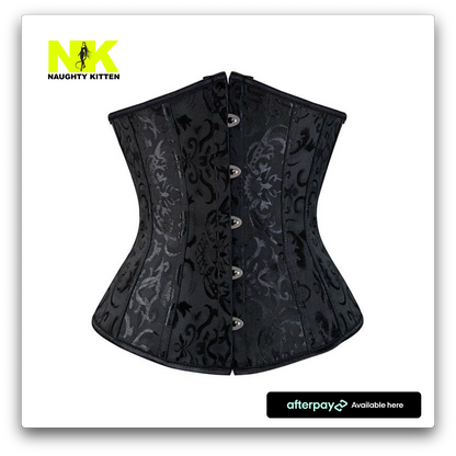 Antoinette Brocade Corse Front View Black - Naughty Kitten Clothing