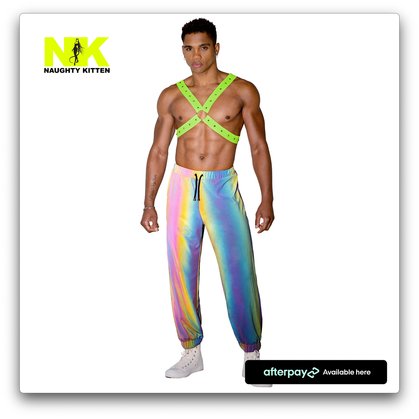 Naughty Kitten Clothing Mens Neon Green Glow In the Dark Harness Front View Men's Rave Wear