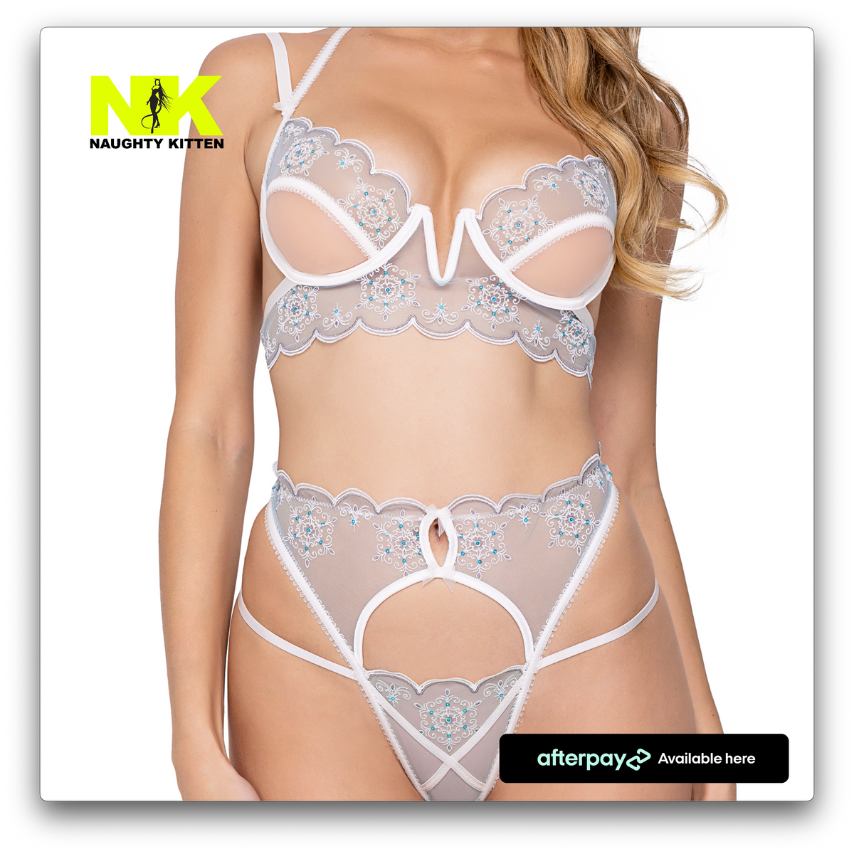 Naughty Kitten Clothing Snow Queen 2-Piece Pom Pom Set Front Close UP View Lingerie