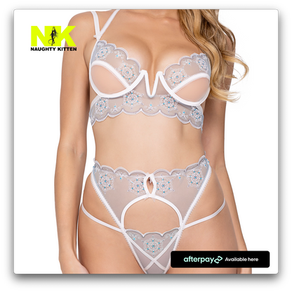 Naughty Kitten Clothing Snow Queen 2-Piece Pom Pom Set Front Close UP View Lingerie