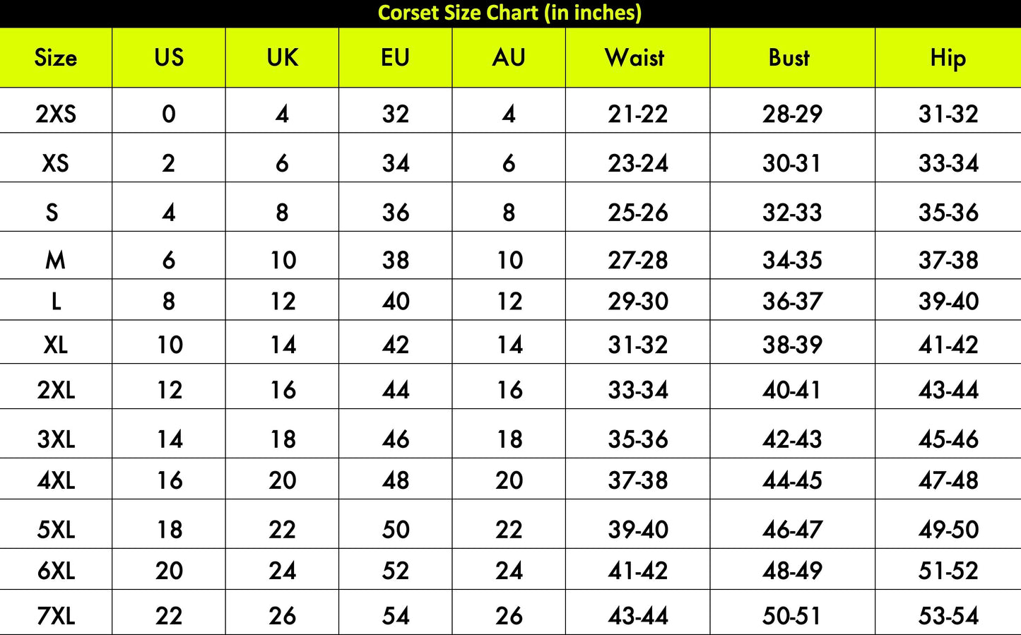 Naughty Kitten Clothing Corset Size Chart